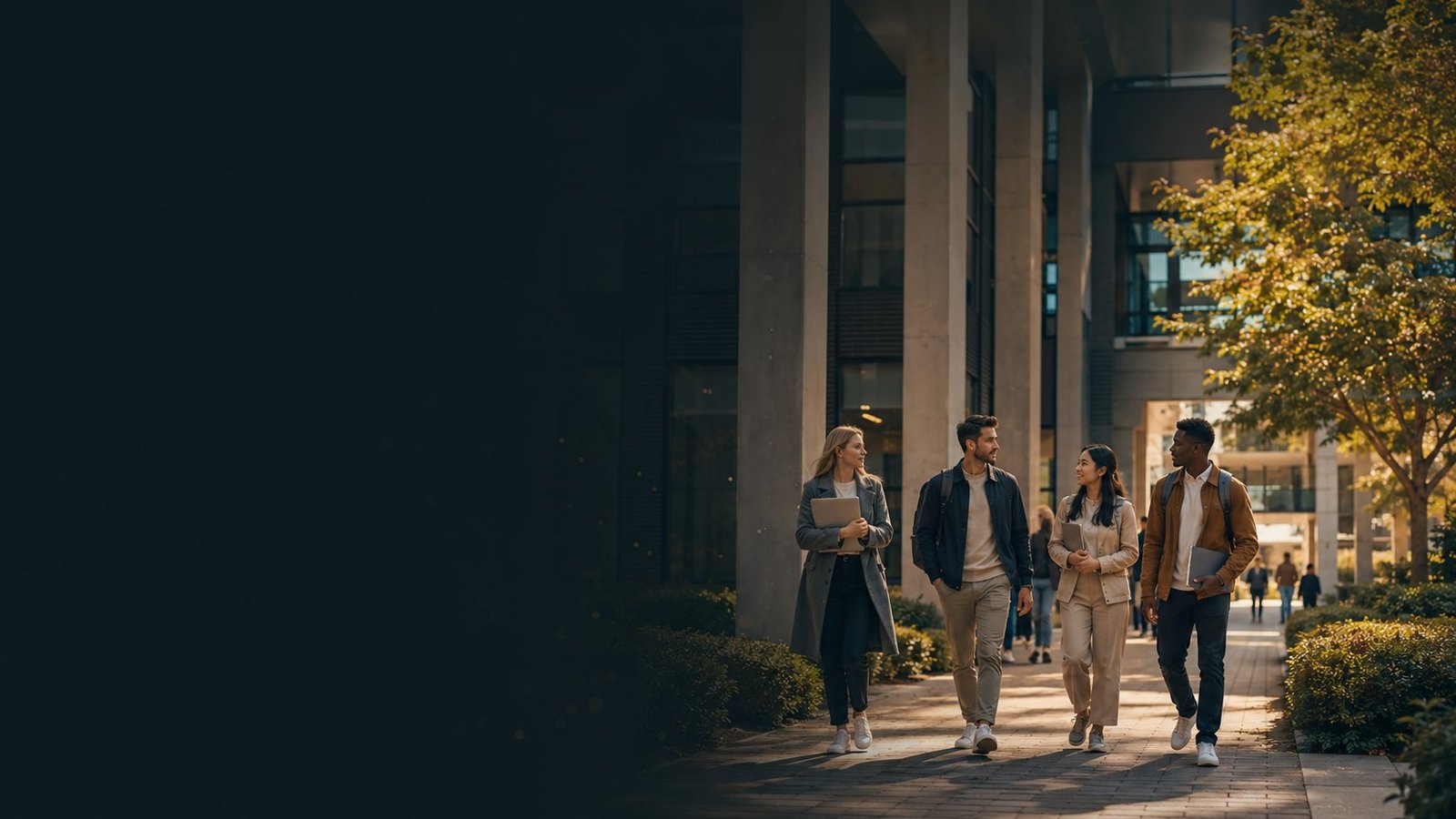 Students walking through a UK university campus pathway